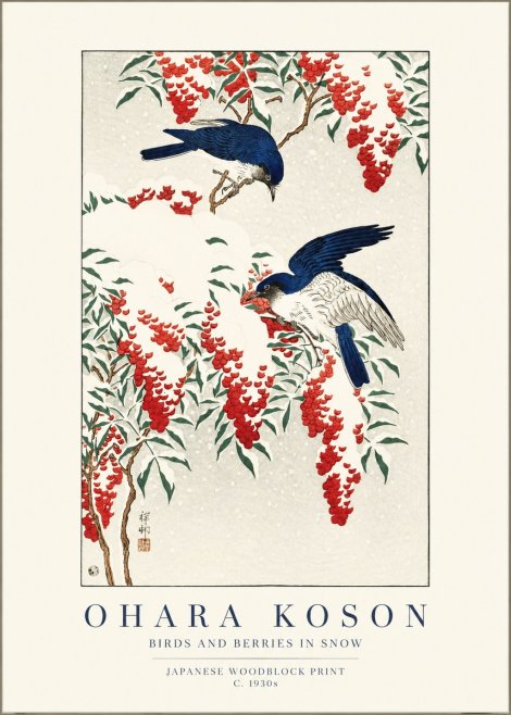 Ohara Koson Birds and Berries in Snow No1 - Juliste