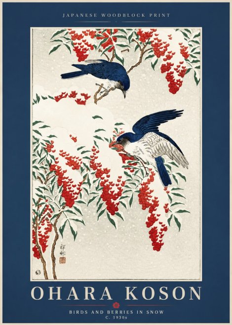 Ohara Koson Birds and Berries in Snow No2 - Juliste