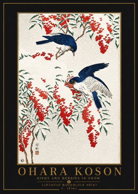 Ohara Koson Birds and Berries in Snow No6 - Juliste