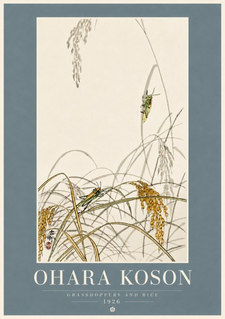 Ohara Koson Grasshoppers and Rice No5 - Juliste