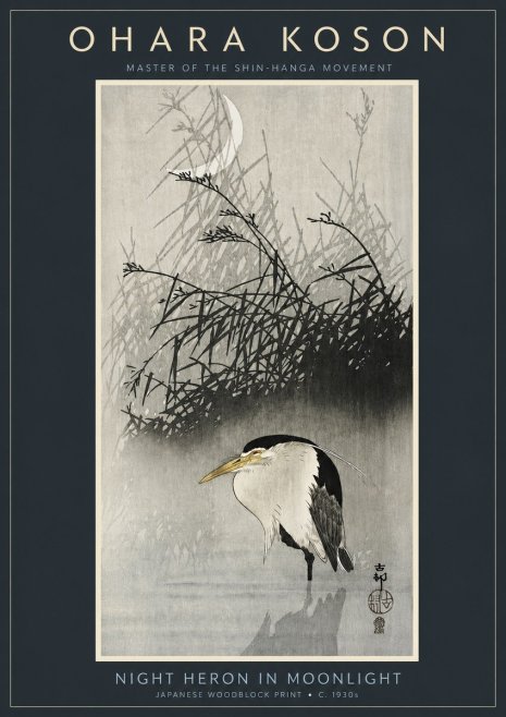 Ohara Koson Night Heron in Moonlight No2 - Juliste