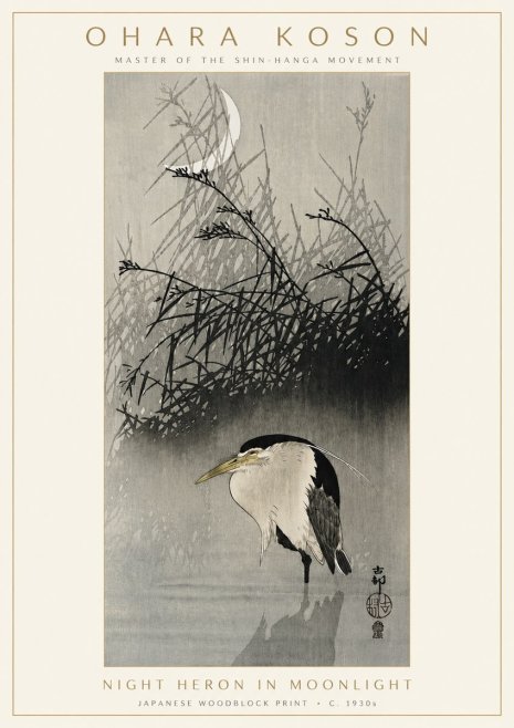 Ohara Koson Night Heron in Moonlight No3 - Juliste