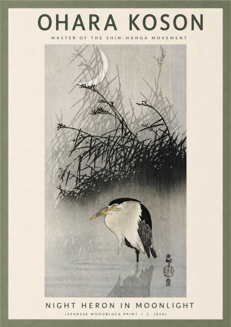 Ohara Koson Night Heron in Moonlight No4 - Juliste