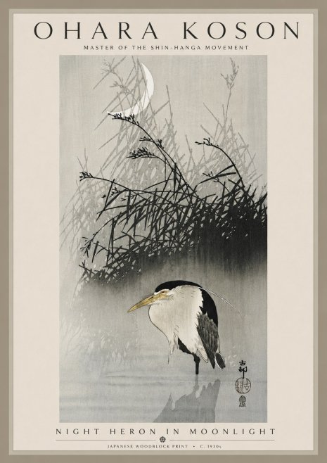 Ohara Koson Night Heron in Moonlight No5 - Juliste