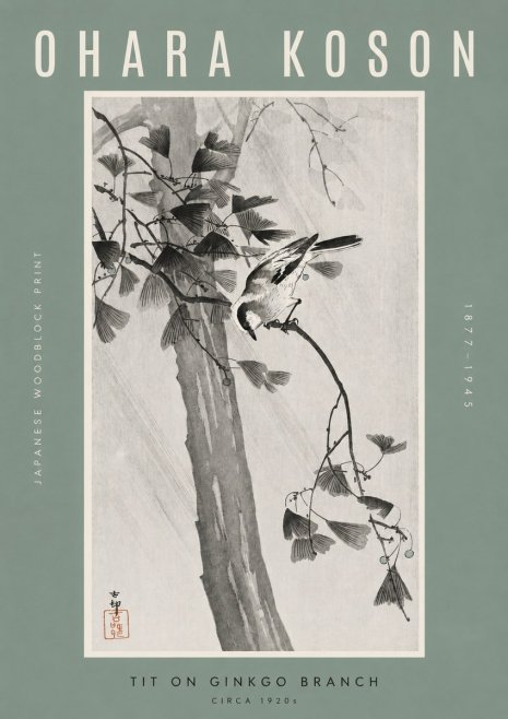 Ohara Koson Tit on Ginkgo Branch No2 - Juliste