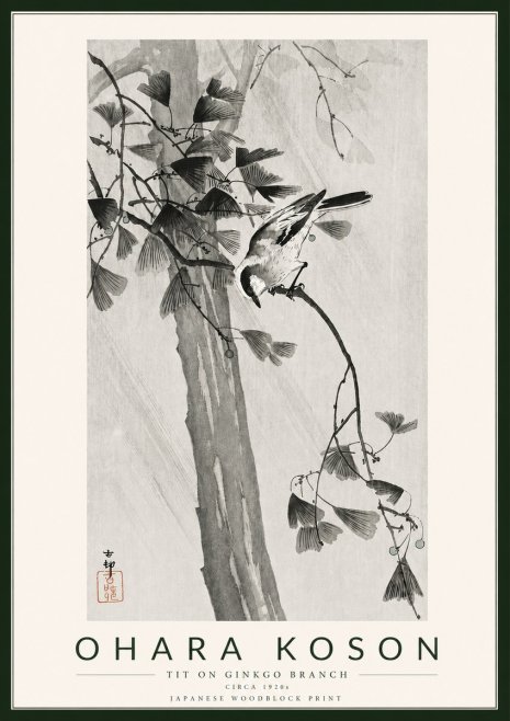 Ohara Koson Tit on Ginkgo Branch No5 - Juliste