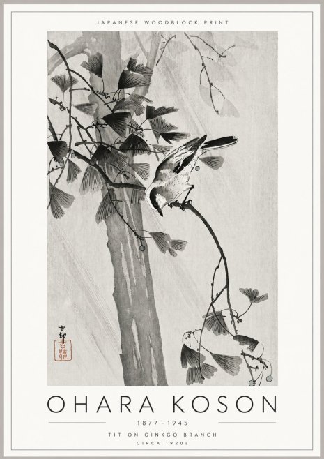 Ohara Koson Tit on Ginkgo Branch No6 - Juliste