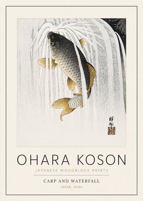 Ohara Koson Carp and Waterfall No3 - Juliste