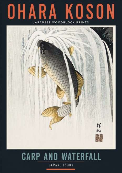 Ohara Koson Carp and Waterfall No4 - Juliste