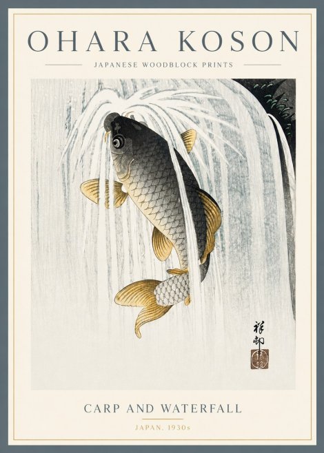 Ohara Koson Carp and Waterfall No5 - Juliste