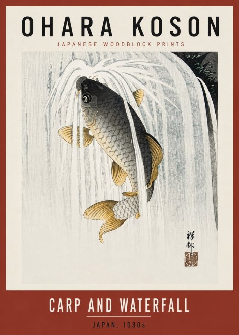 Ohara Koson Carp and Waterfall No6 - Juliste