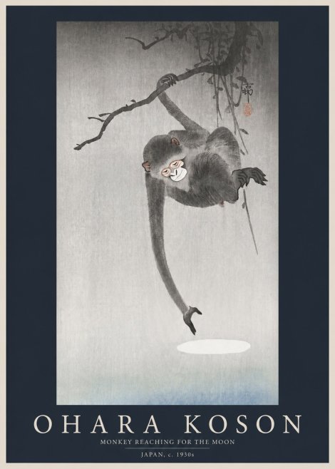 Ohara Koson Monkey Reaching for the Moon No2 - Juliste