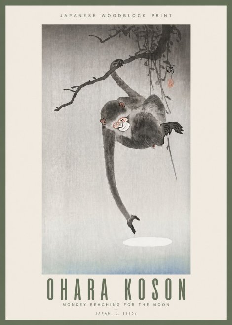 Ohara Koson Monkey Reaching for the Moon No3 - Juliste