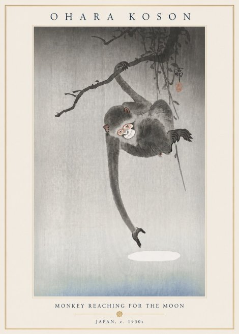 Ohara Koson Monkey Reaching for the Moon No4 - Juliste