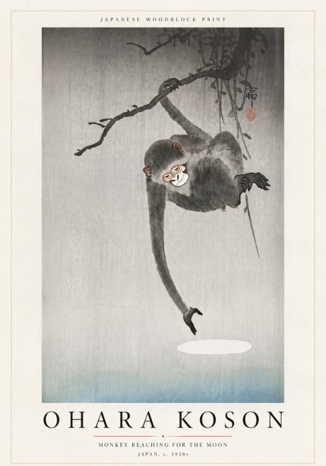 Ohara Koson Monkey Reaching for the Moon No6 - Juliste