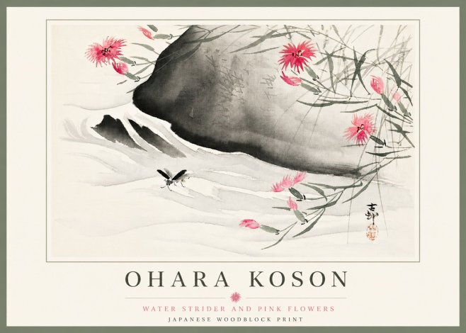 Ohara Koson Water Strider and Pink Flowers No5 - Juliste