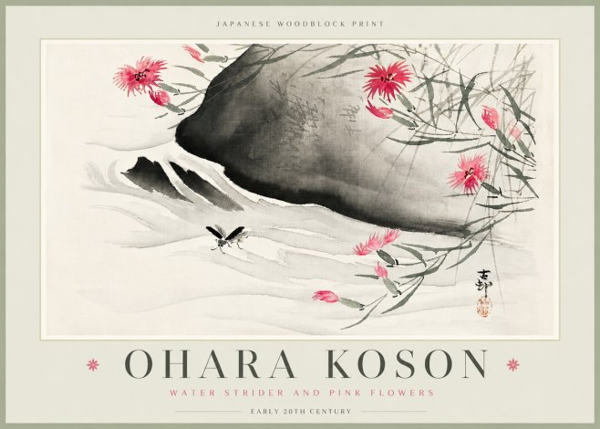 Ohara Koson Water Strider and Pink Flowers No6 - Juliste
