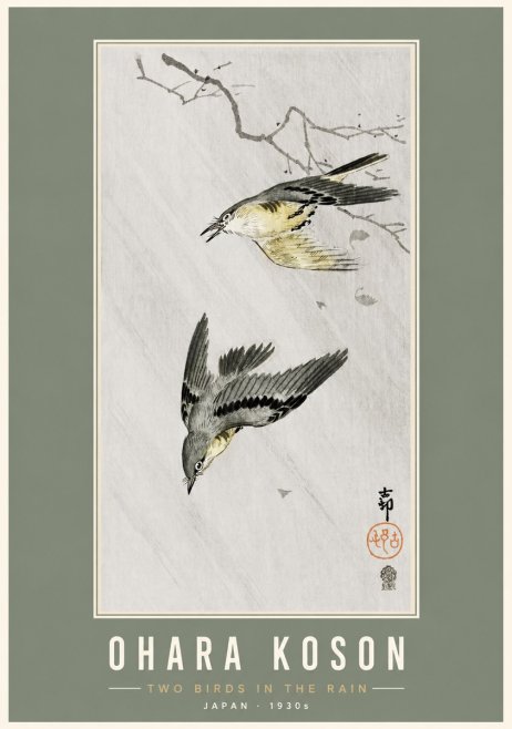 Ohara Koson Two Birds in the Rain No3 - Juliste