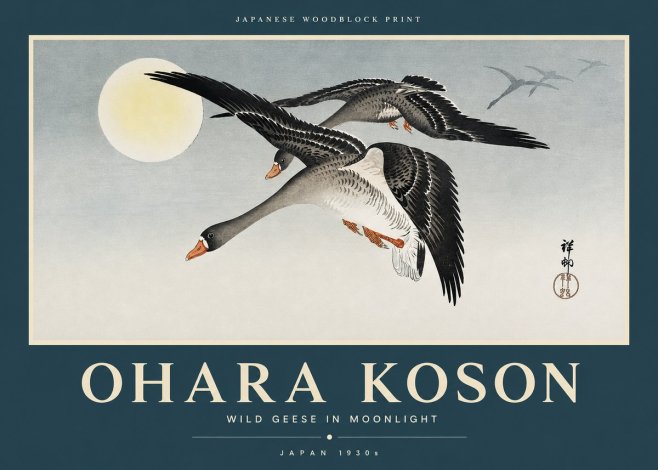 Ohara Koson Wild Geese in Moonlight III No2 - Juliste