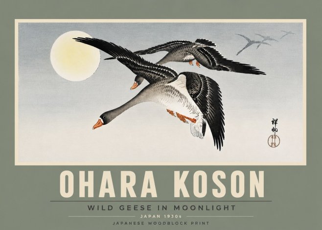 Ohara Koson Wild Geese in Moonlight III No5 - Juliste