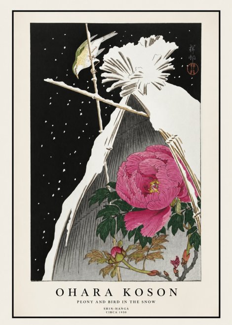 Ohara Koson Peony and Bird in the Snow No1 - Juliste