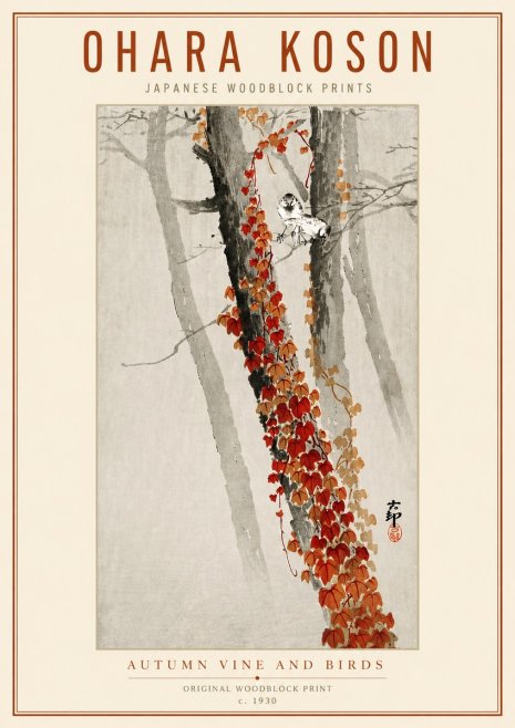 Ohara Koson Autumn Vine and Birds No3 - Juliste