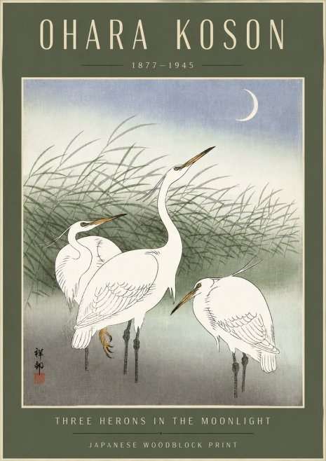 Ohara Koson Three Herons in the Moonlight No4 - Juliste
