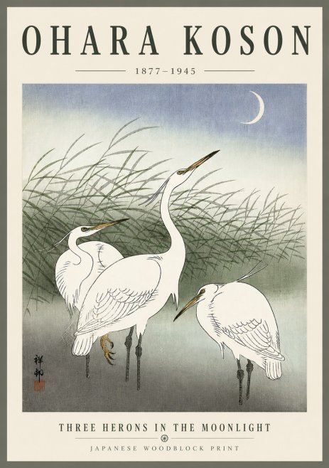 Ohara Koson Three Herons in the Moonlight No6 - Juliste