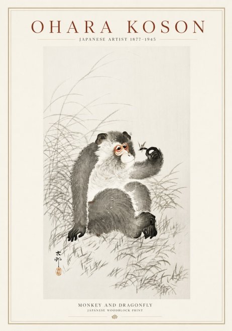Ohara Koson Monkey and Dragonfly No1 - Juliste