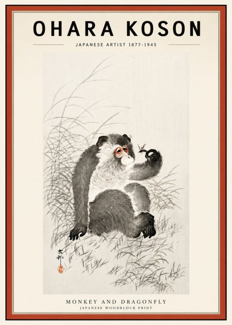 Ohara Koson Monkey and Dragonfly No3 - Juliste