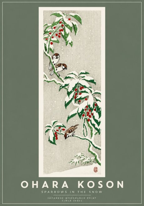 Ohara Koson Sparrows in the Snow No2 - Juliste