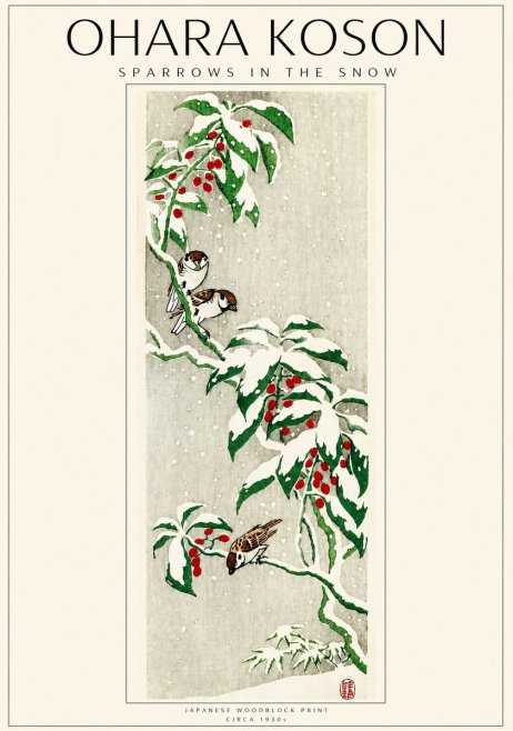 Ohara Koson Sparrows in the Snow No3 - Juliste