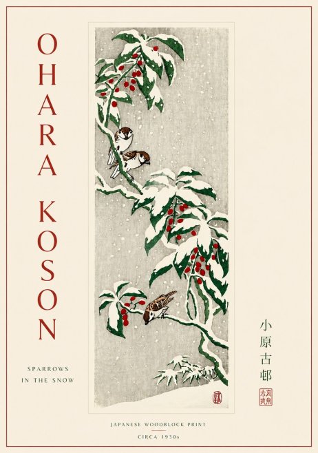 Ohara Koson Sparrows in the Snow No5 - Juliste