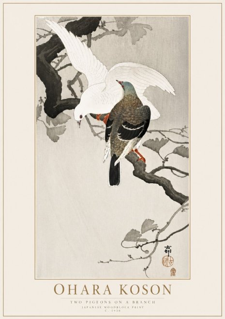 Ohara Koson Two Pigeons on a Branch No4 - Juliste