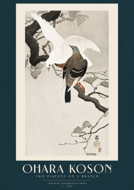 Ohara Koson Two Pigeons on a Branch No5 - Juliste