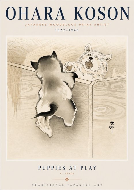 Ohara Koson Puppies at Play No3 - Juliste