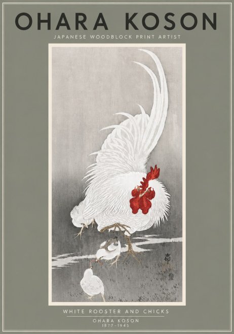 Ohara Koson White Rooster and Chicks No4 - Juliste
