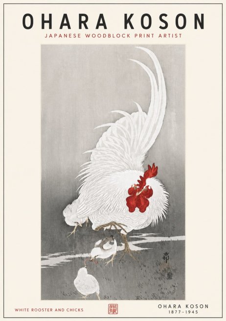 Ohara Koson White Rooster and Chicks No6 - Juliste