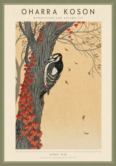 Ohara Koson Woodpecker and Autumn Ivy No4 - Juliste