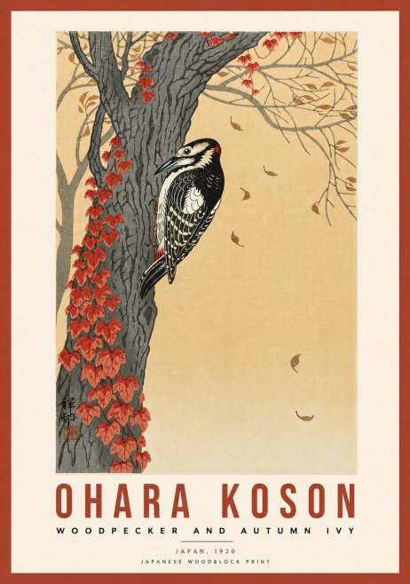 Ohara Koson Woodpecker and Autumn Ivy No5 - Juliste