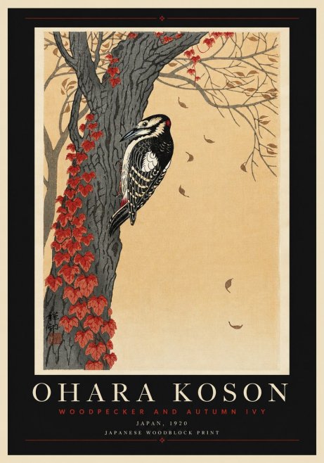 Ohara Koson Woodpecker and Autumn Ivy No6 - Juliste