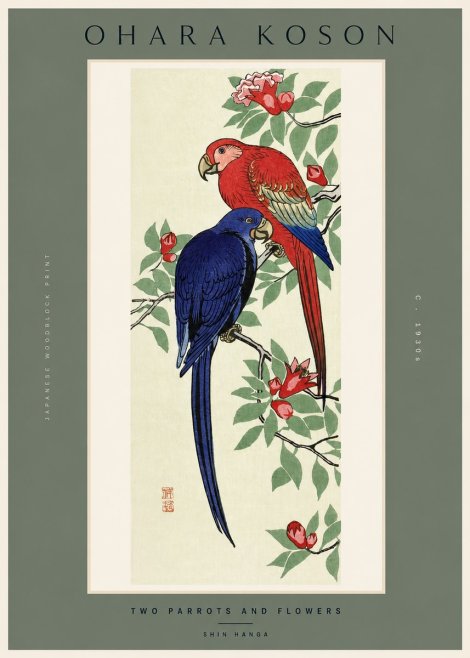 Ohara Koson Two Parrots and Flowers No2 - Juliste