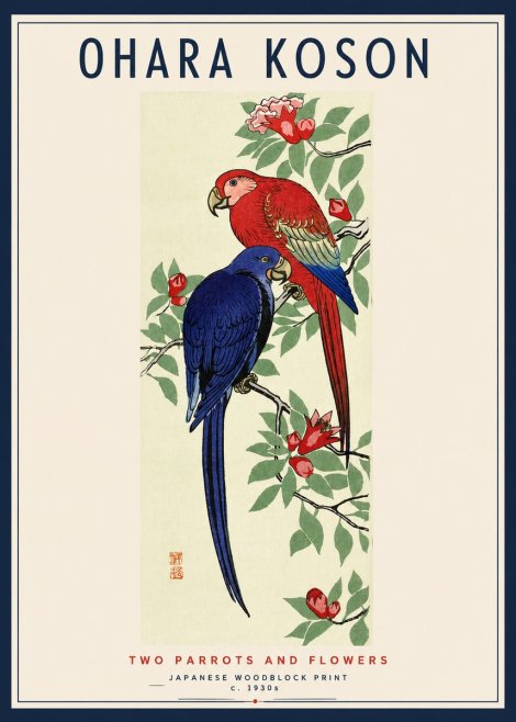 Ohara Koson Two Parrots and Flowers No3 - Juliste