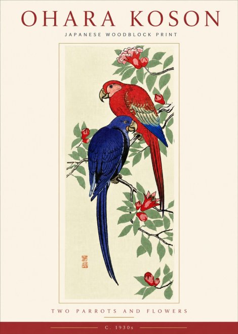 Ohara Koson Two Parrots and Flowers No4 - Juliste