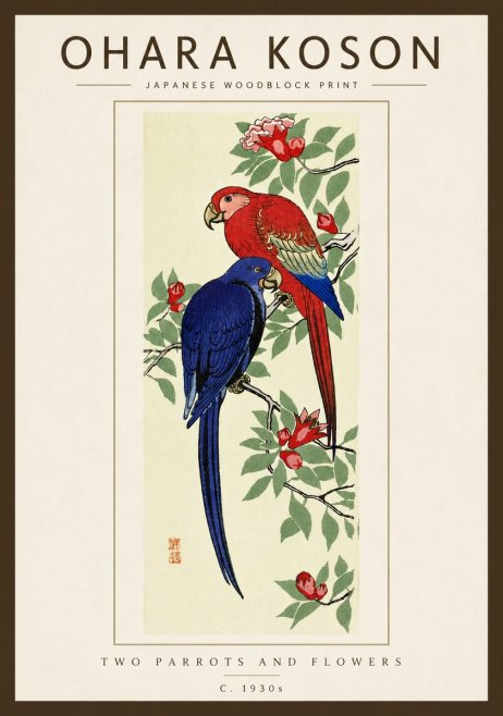 Ohara Koson Two Parrots and Flowers No5 - Juliste