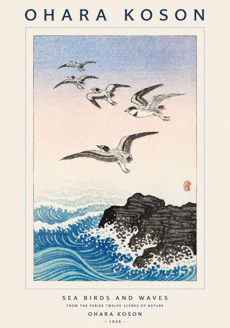 Ohara Koson Sea Birds and Waves No1 - Juliste