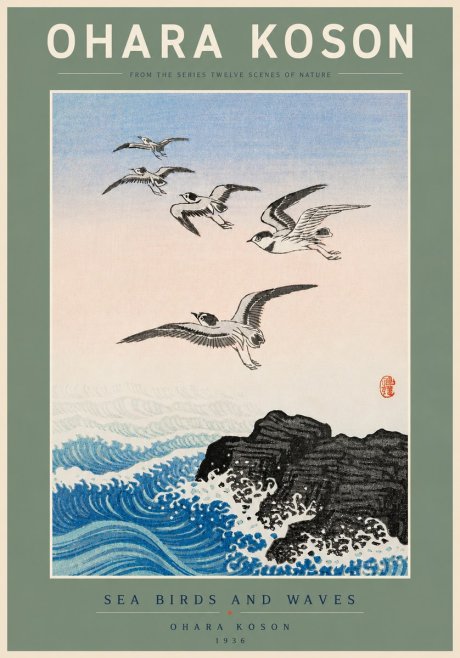 Ohara Koson Sea Birds and Waves No5 - Juliste