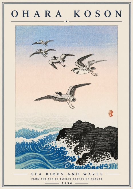 Ohara Koson Sea Birds and Waves No6 - Juliste