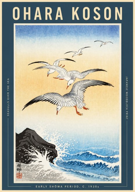 Ohara Koson Seagulls over the Sea No2 - Juliste