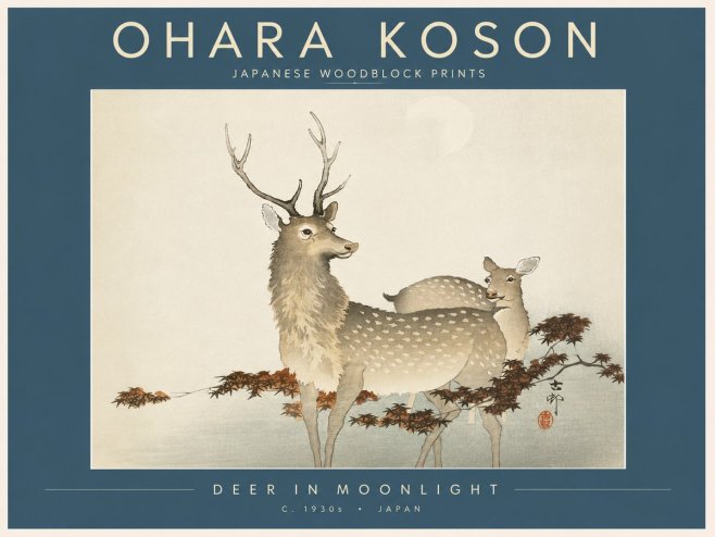 Ohara Koson Deer in Moonlight No2 - Juliste